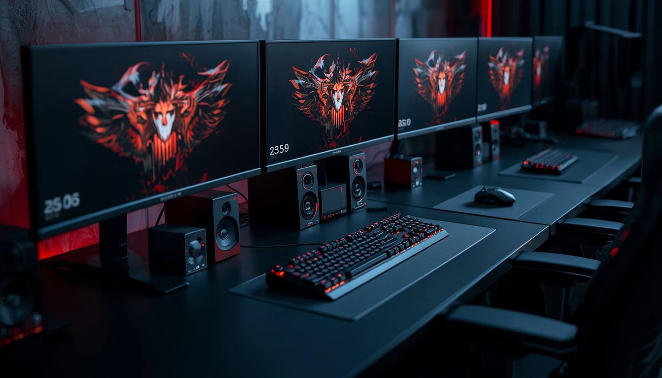 A dark row of black gaming desks under faint red ambient light