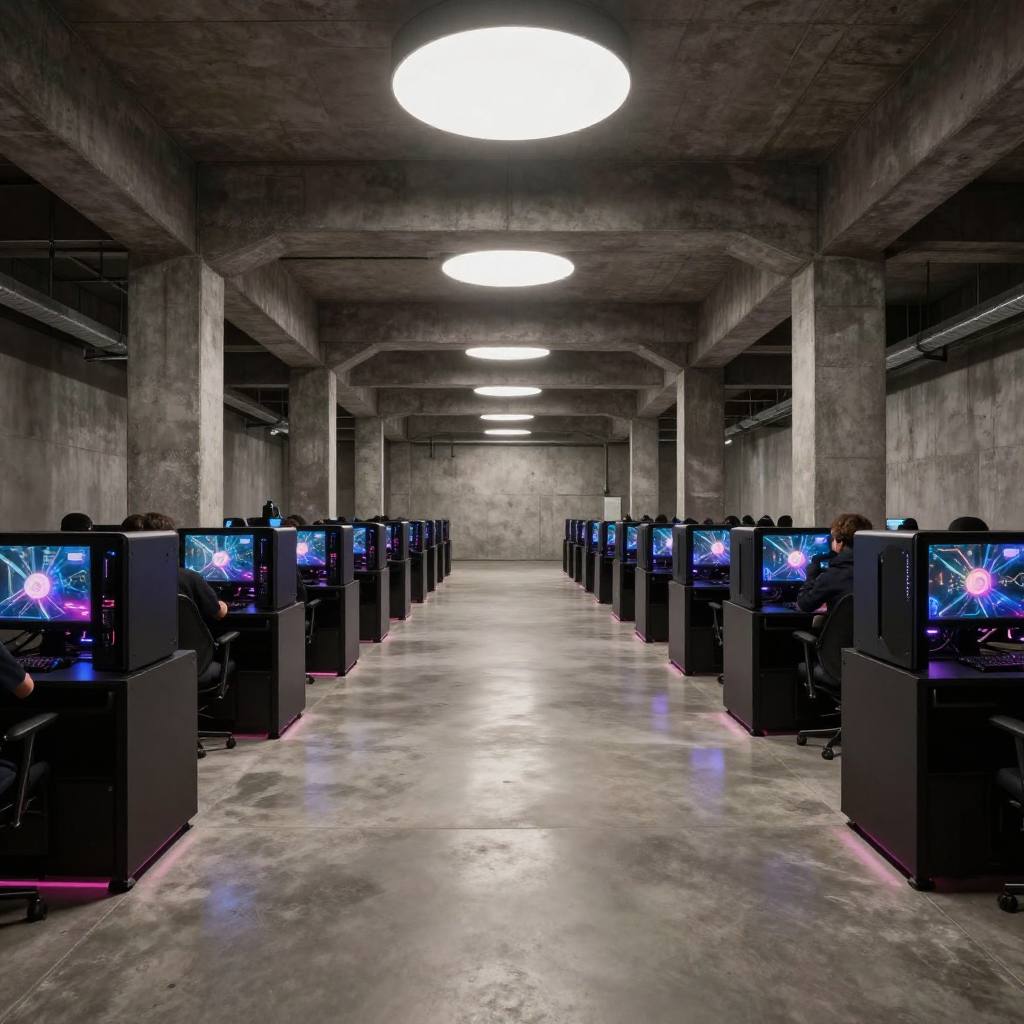 Deep floor: a dark corridor of gaming stations under a single round ceiling light