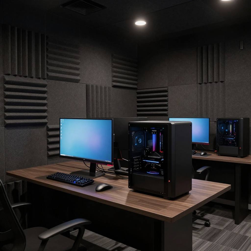 Curtain seat: a single station against an acoustic foam wall in low light