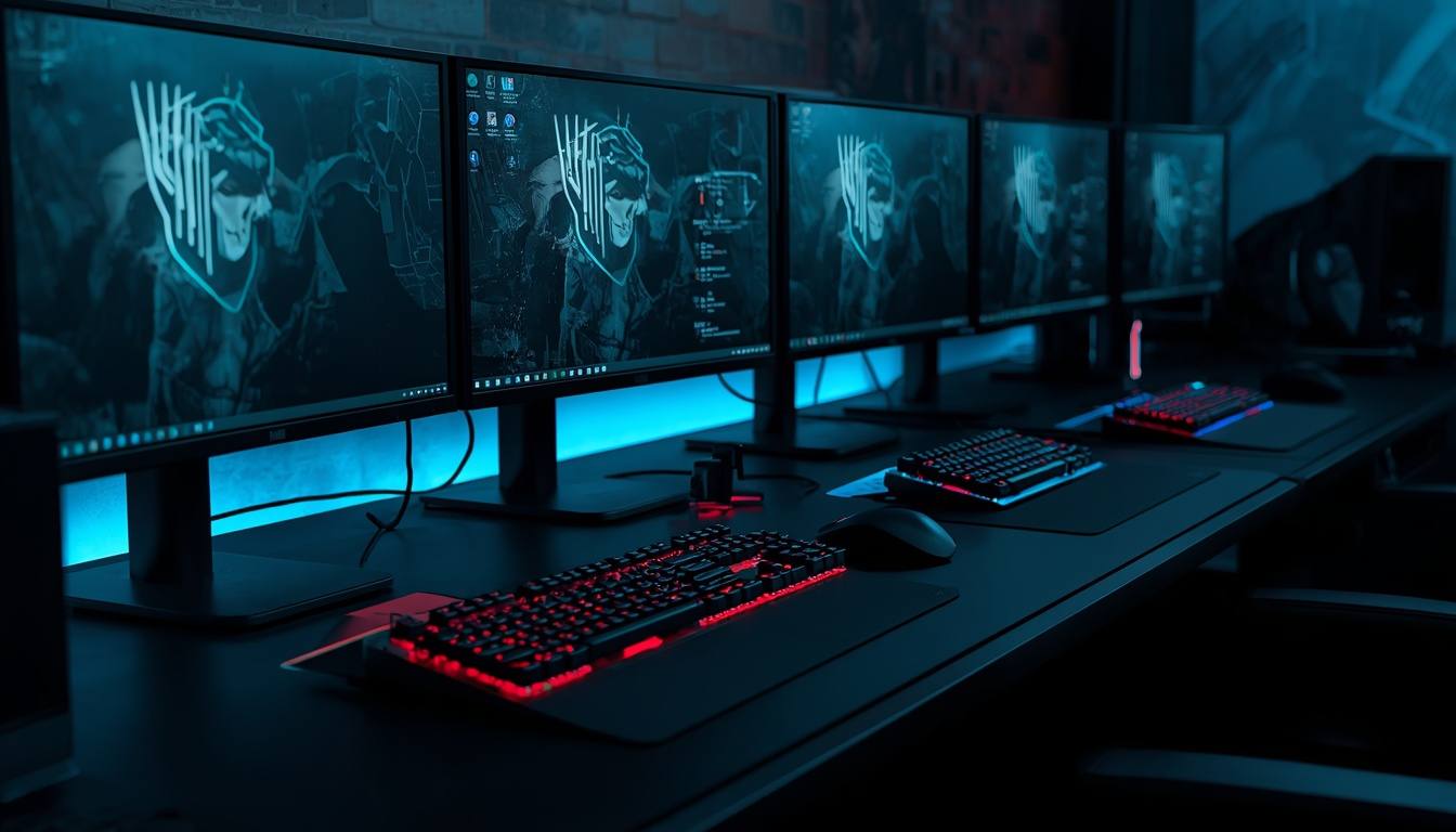 A near-black gaming club with rows of black desks lit only by faint keyboard glow